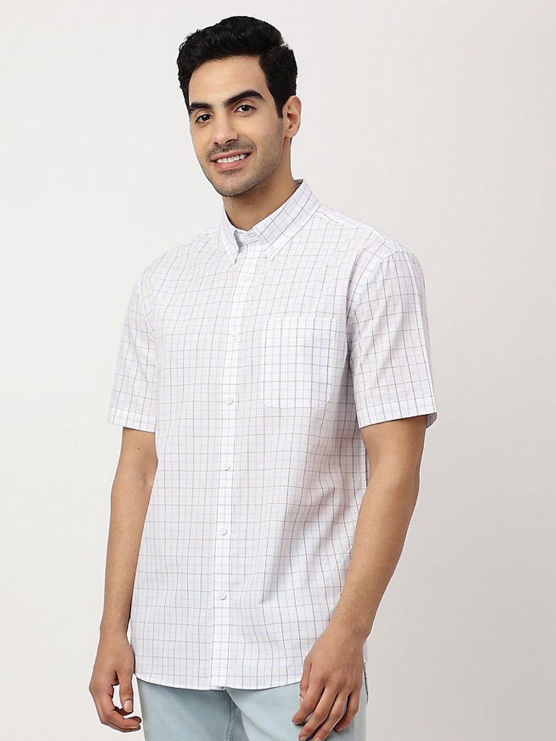 

Marks & Spencer Grid Tattersall Checked Button-Down Collar Cotton Casual Shirt, White