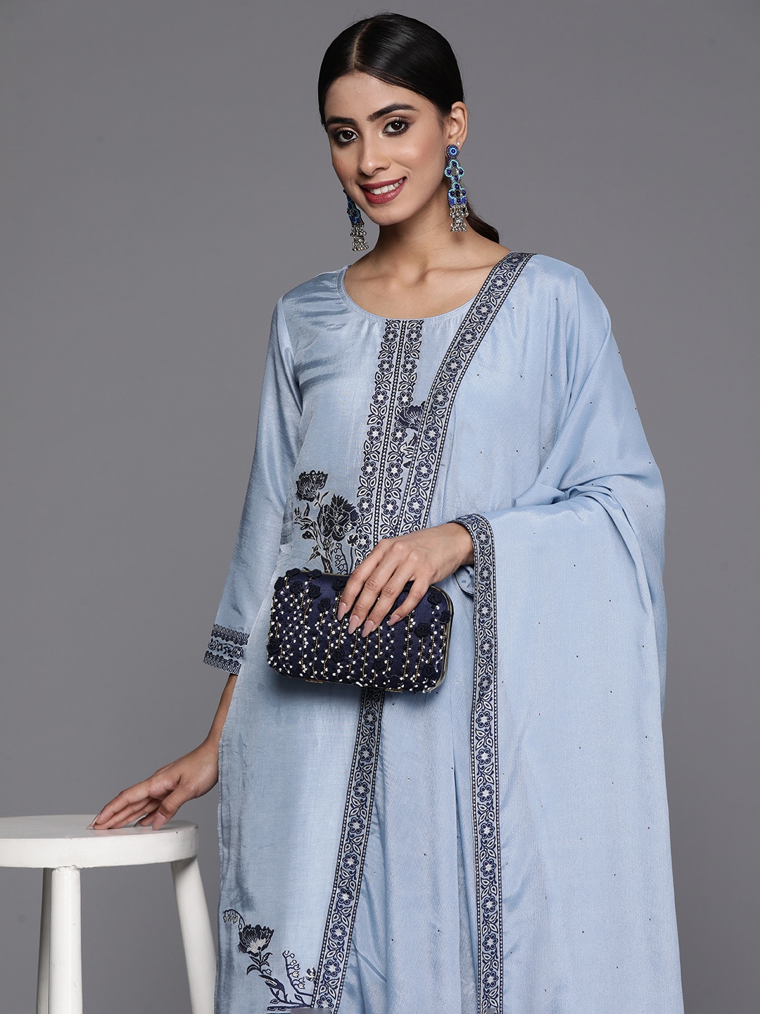 

Libas Floral Scoop Neck Kurta With Trousers & Dupatta, Blue