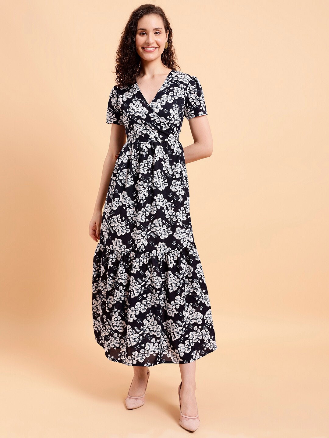 

MINT STREET Floral Printed V-Neck A-Line Maxi Dress, Black