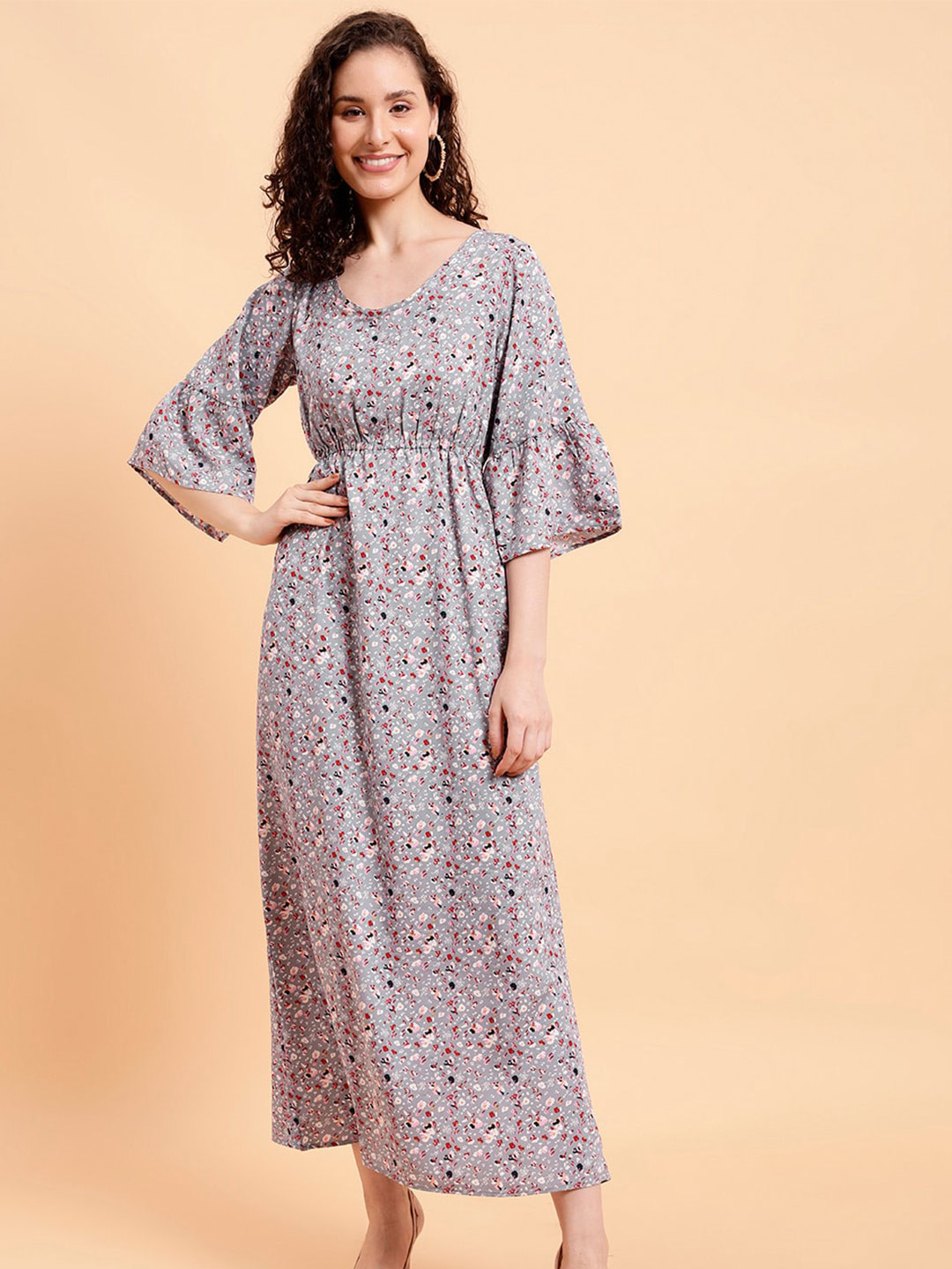 

MINT STREET Floral Printed Bell Sleeves A-Line Maxi Dress, Grey