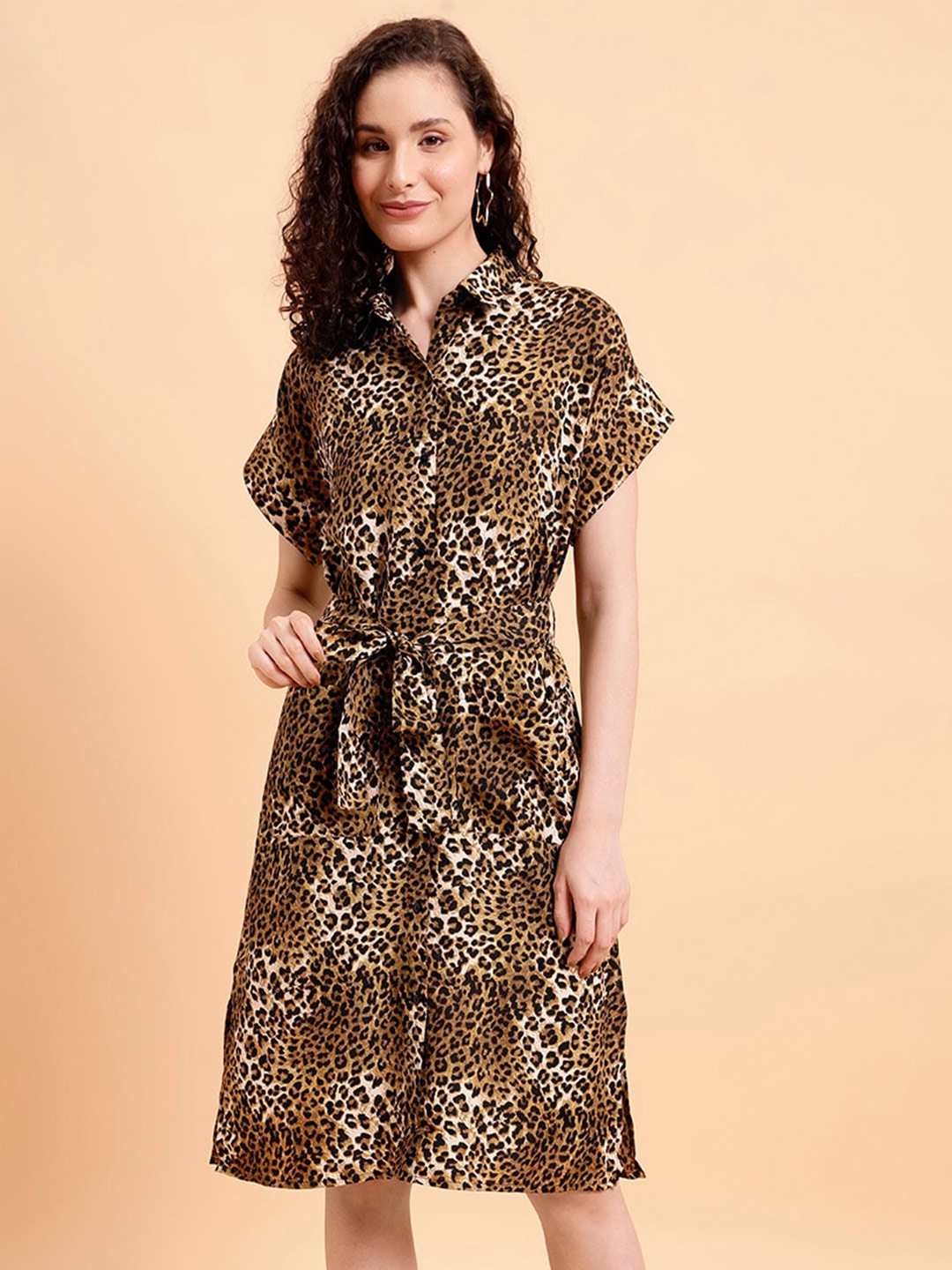 

MINT STREET Animal Print Crepe Shirt Dress, Brown