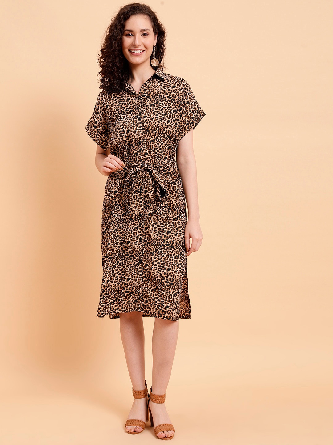 

MINT STREET Animal Printed Extended Sleeves Shirt Dress With Belt, Brown