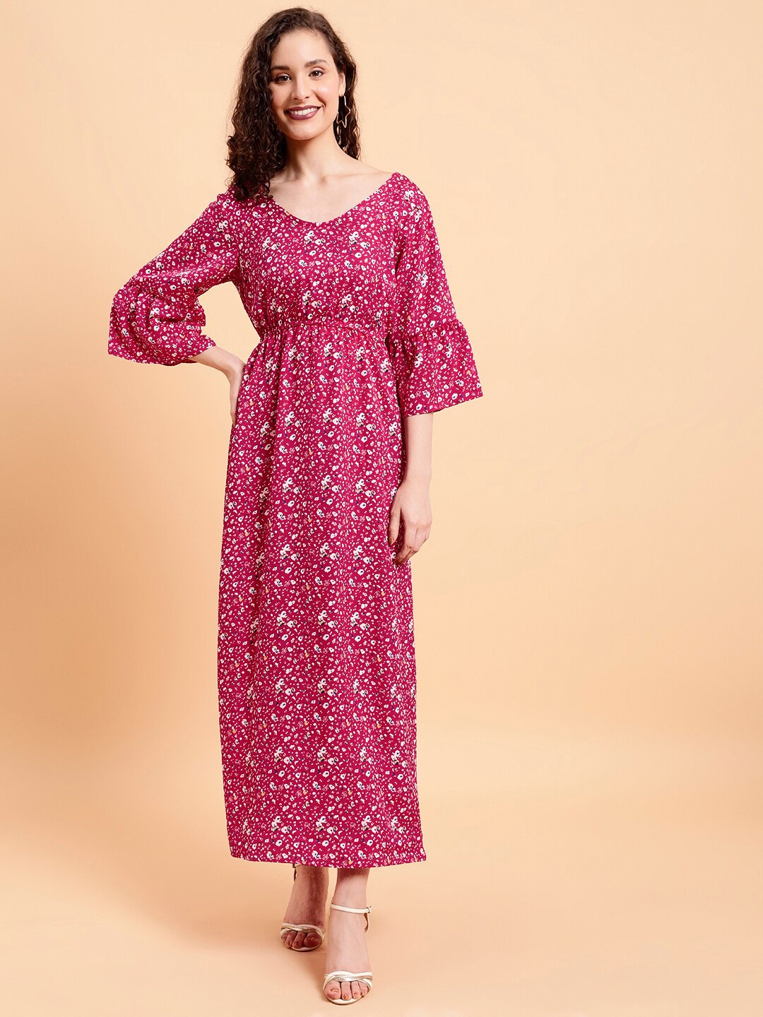

MINT STREET Floral Printed Bell Sleeves A-Line Maxi Dress, Pink