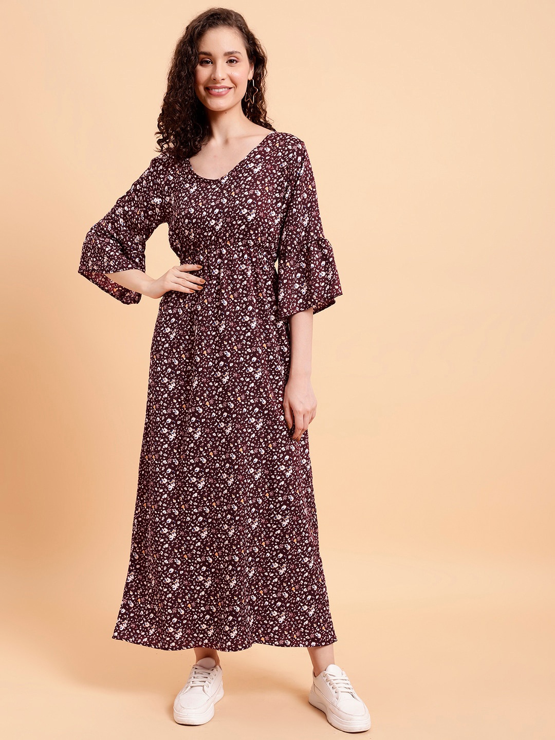 

MINT STREET Floral Printed Bell Sleeves A-Line Maxi Dress, Maroon