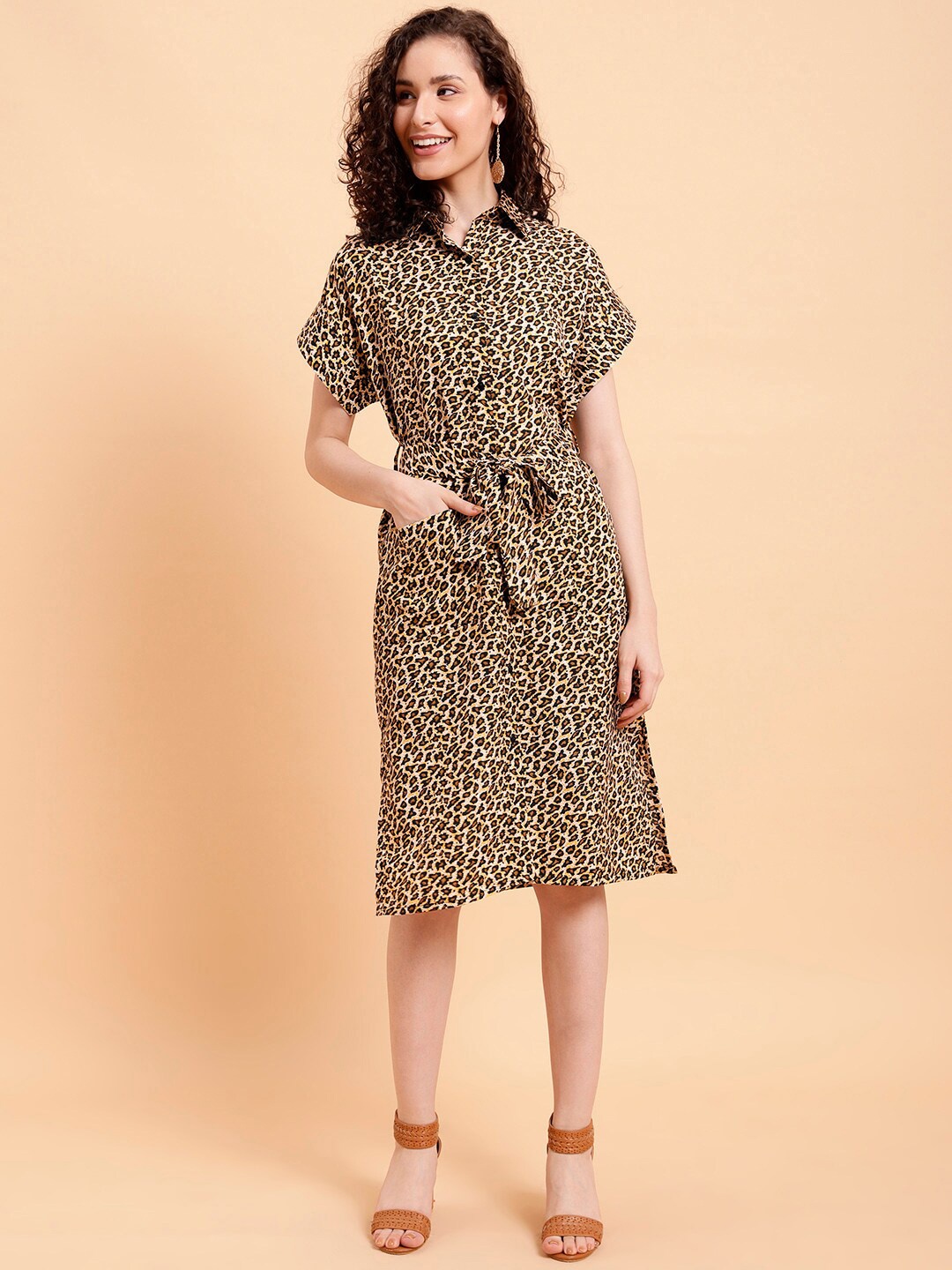 

MINT STREET Animal Printed Extended Sleeves Shirt Dress With Belt, Brown