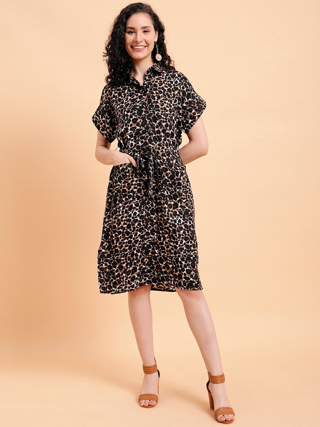 

MINT STREET Animal Print Crepe Shirt Dress, Black