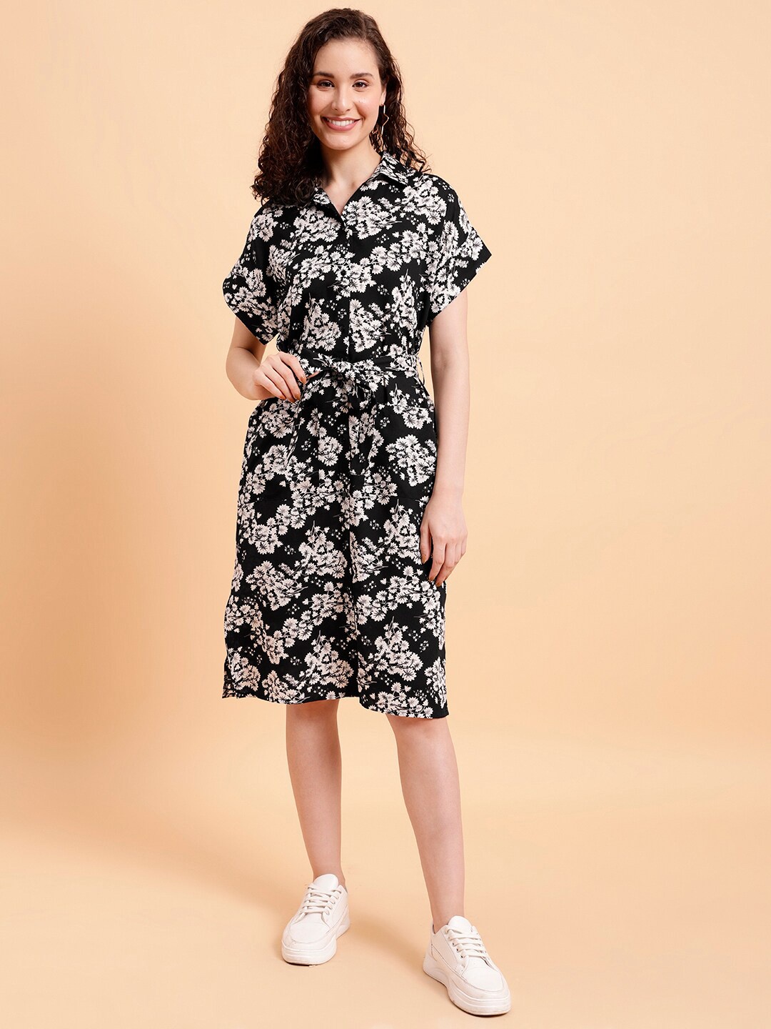 

MINT STREET Floral Print Crepe Shirt Dress, Black