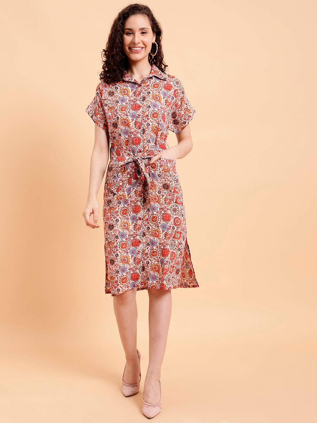 

MINT STREET Floral Printed Shirt Dress With Belt, White