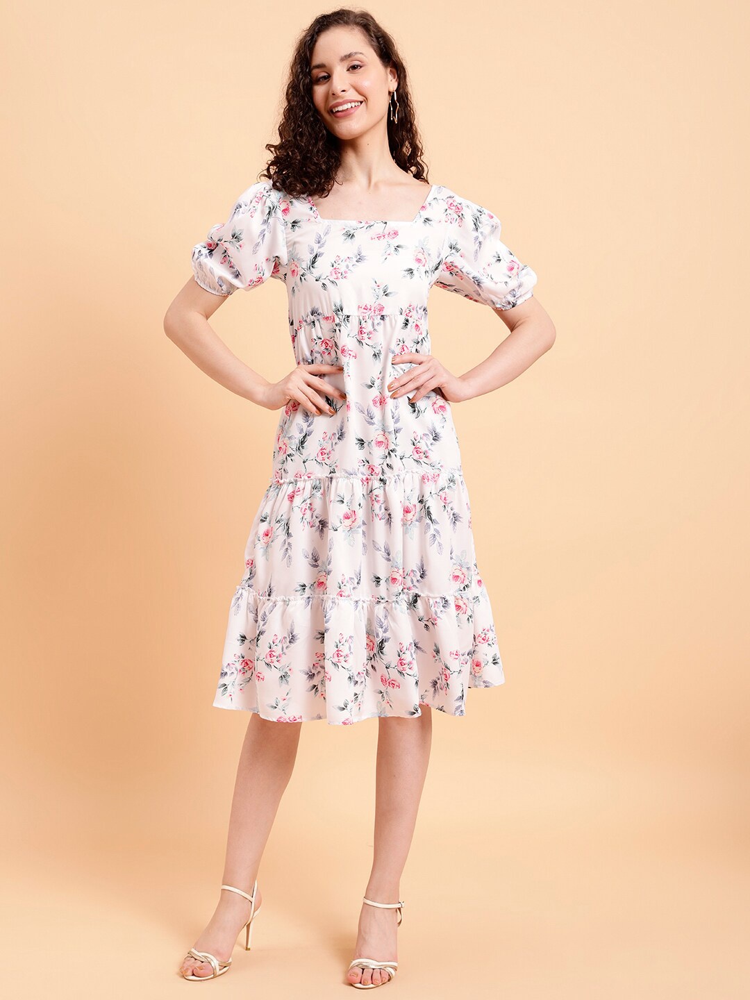 

MINT STREET Floral Printed Tiered Fit & Flare Midi Dress, Pink