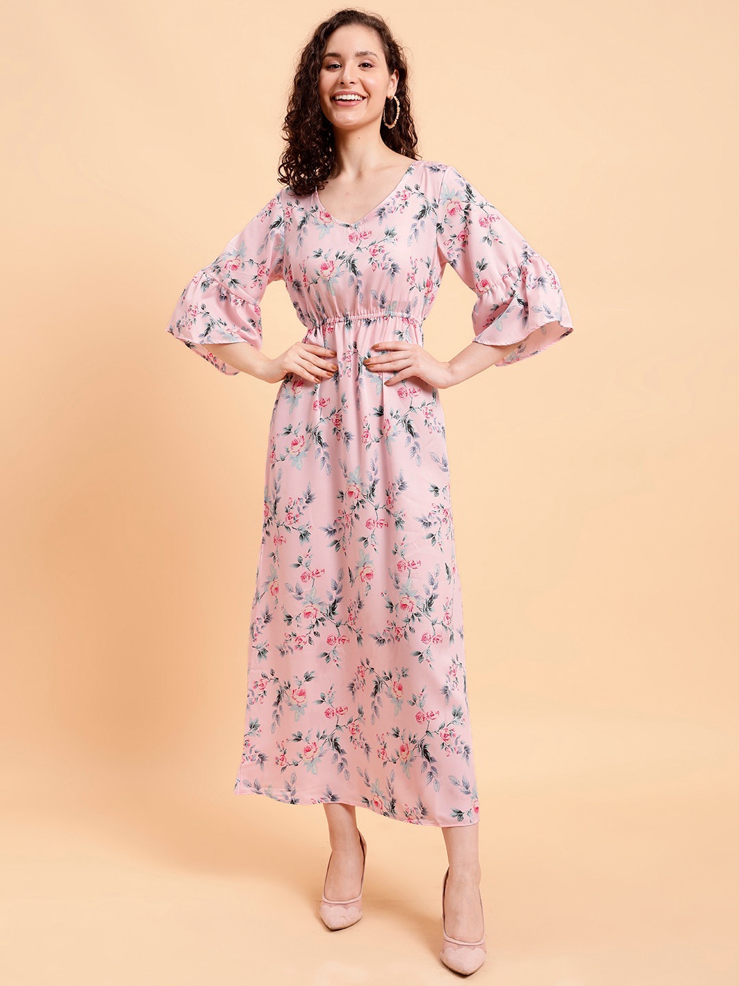 

MINT STREET Floral Print Bell Sleeve Crepe Maxi Dress, Pink