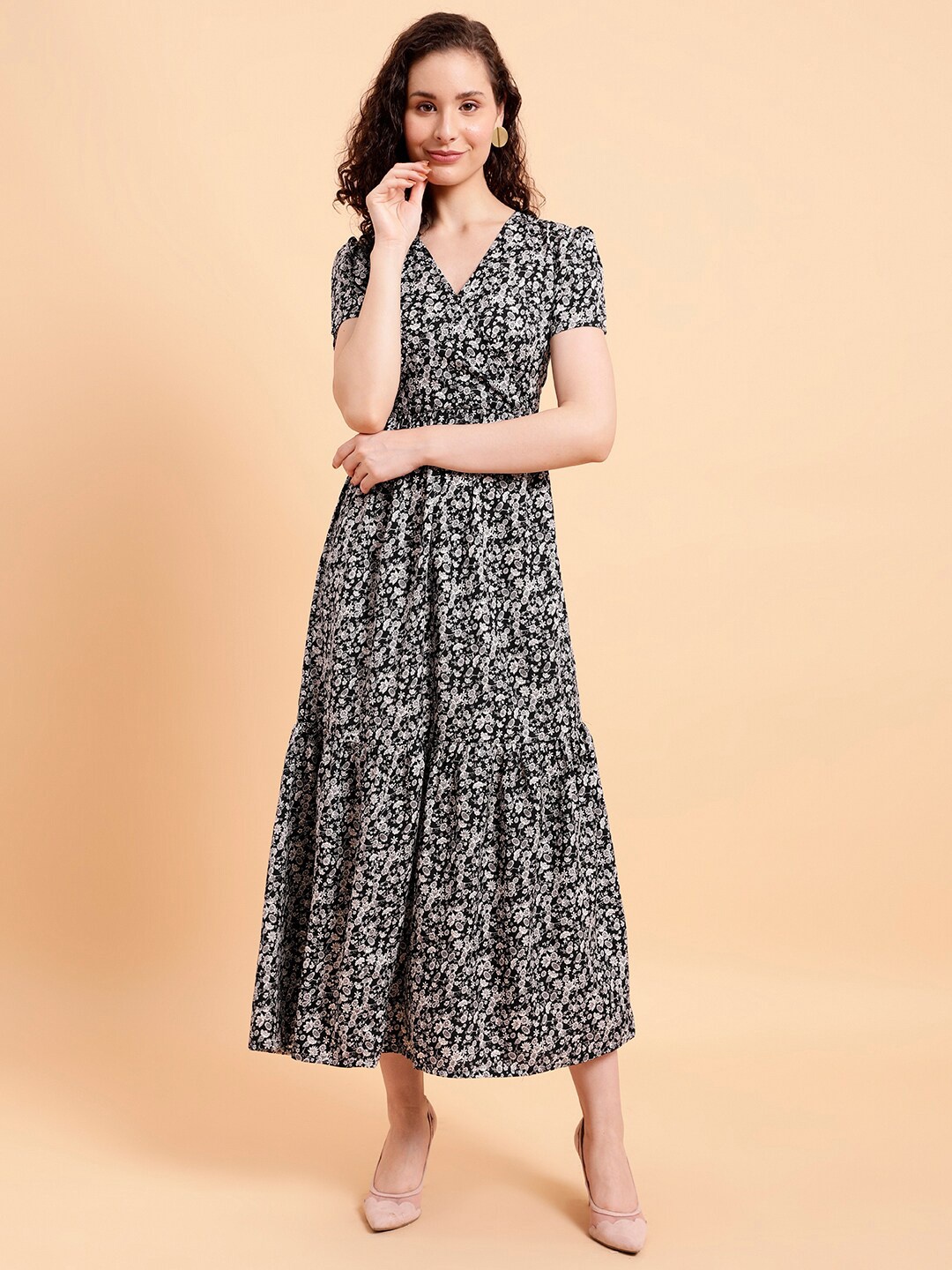 

MINT STREET Floral Printed V-Neck Tiered Fit & Flare Midi Dress, Black