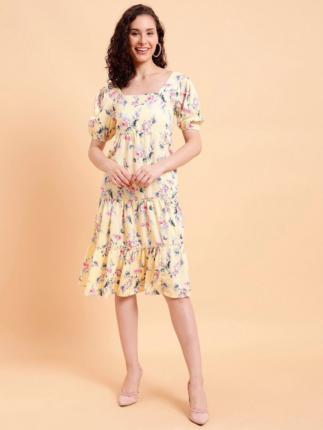 

MINT STREET Floral Printed Puff Sleeves Tiered A-Line Dress, Yellow