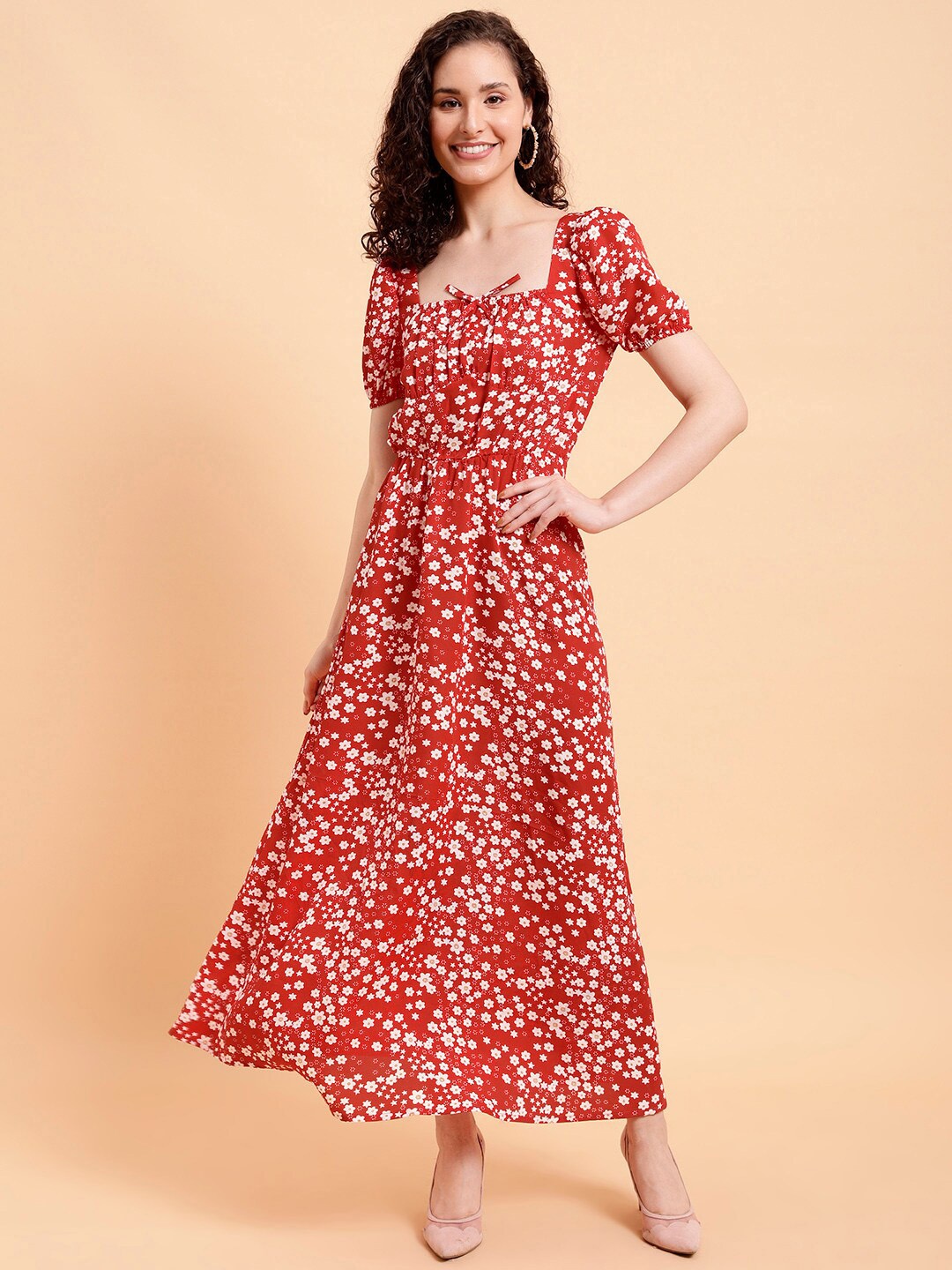 

MINT STREET Floral Printed Puff Sleeves A-Line Maxi Dress, Red