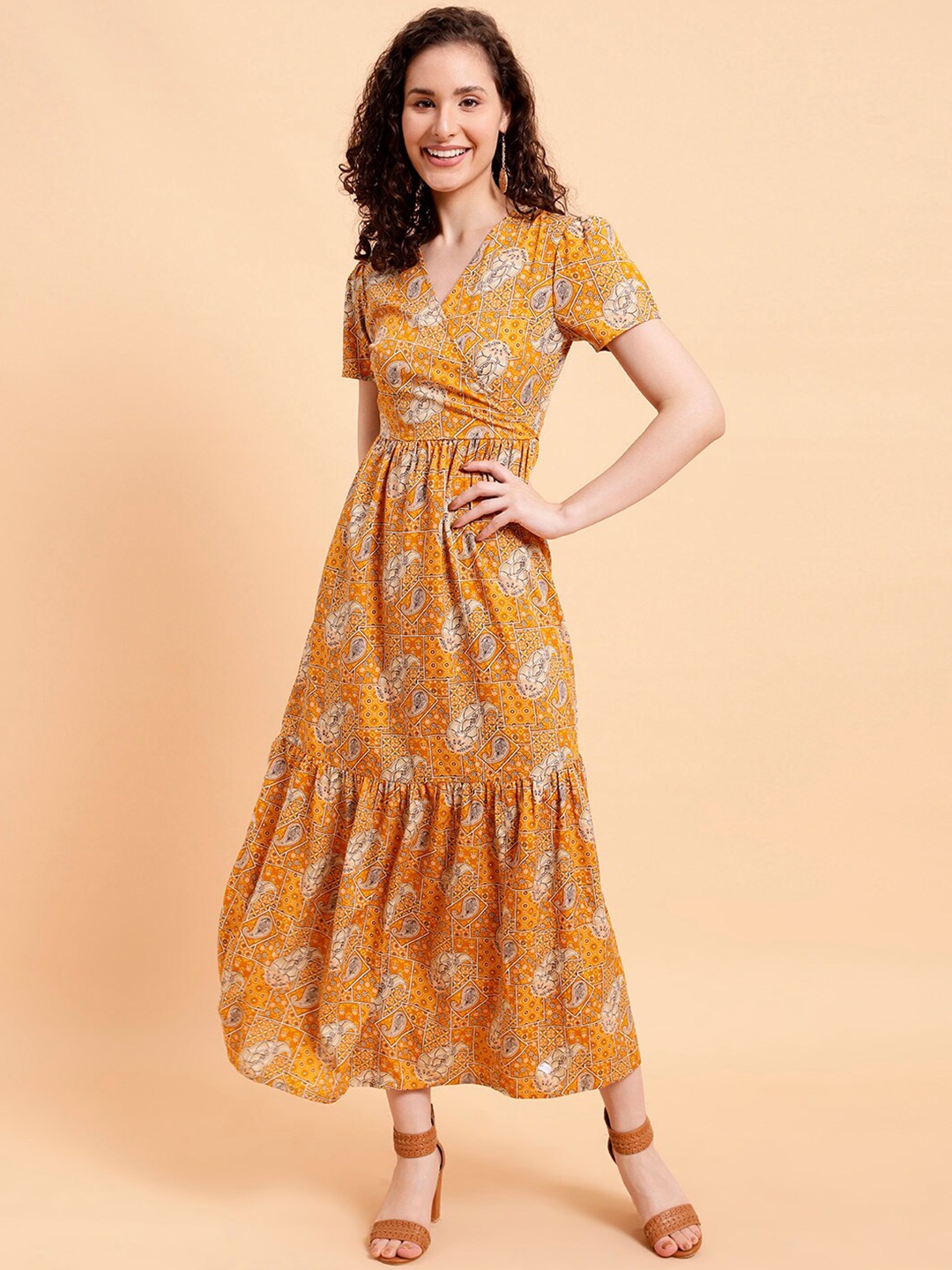 

MINT STREET Ethnic Motif Printed V-Neck A-Line Maxi Dress, Mustard
