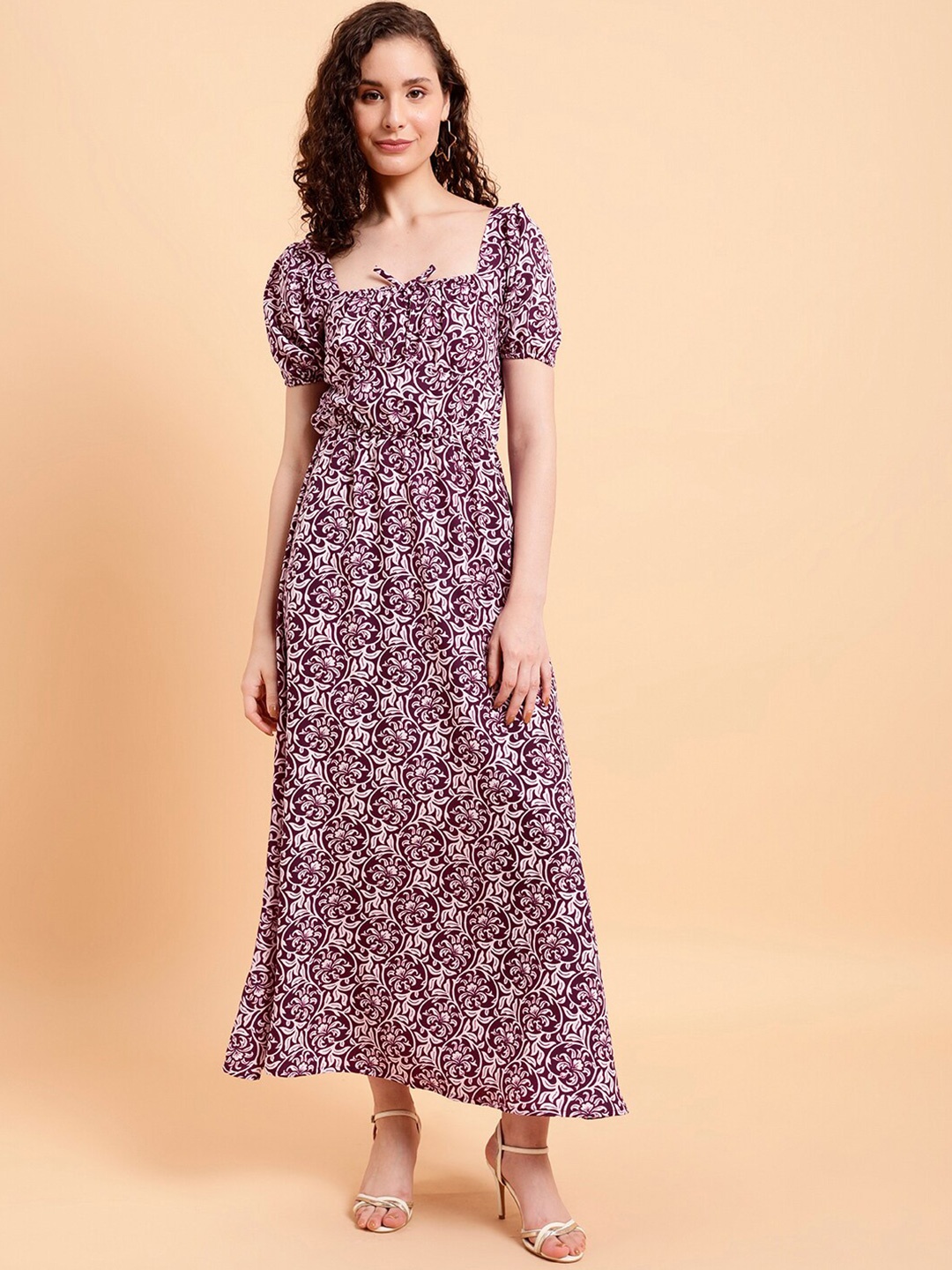 

MINT STREET Floral Printed Puff Sleeves A-Line Maxi Dress, Maroon