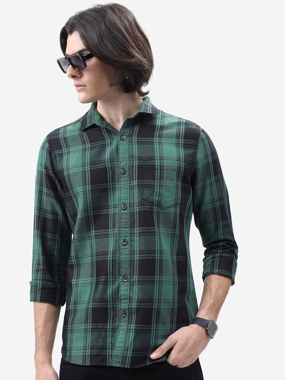 

HIGHLANDER Green Slim Fit Tartan Checks Casual Shirt
