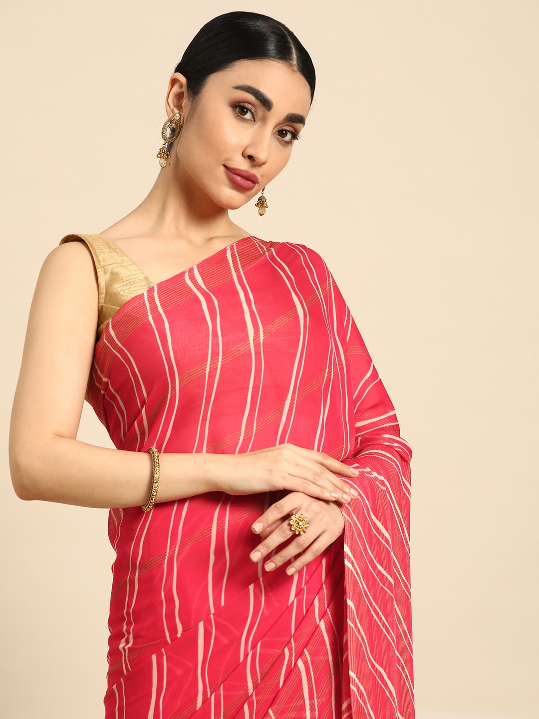 

HERE&NOW Striped Poly Georgette Chanderi Saree, Red