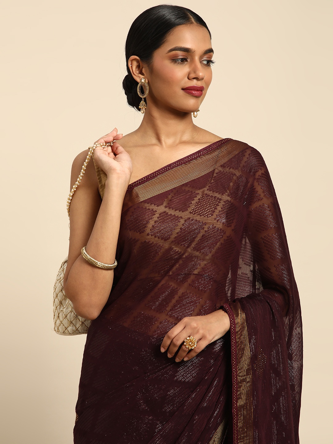 

HERE&NOW Beads and Stones Brasso Chanderi Saree, Burgundy