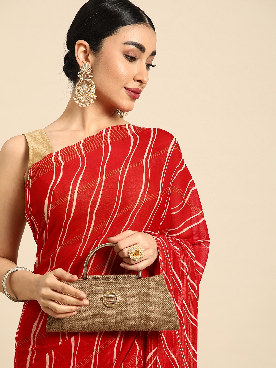 

HERE&NOW Striped Poly Georgette Chanderi Saree, Red