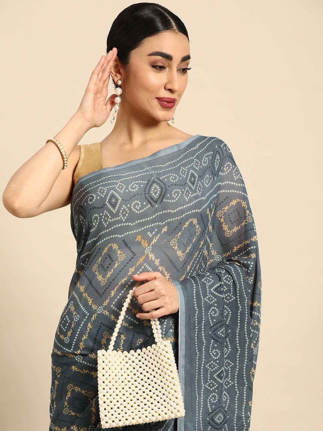 

HERE&NOW Poly Georgette Chanderi Saree, Grey