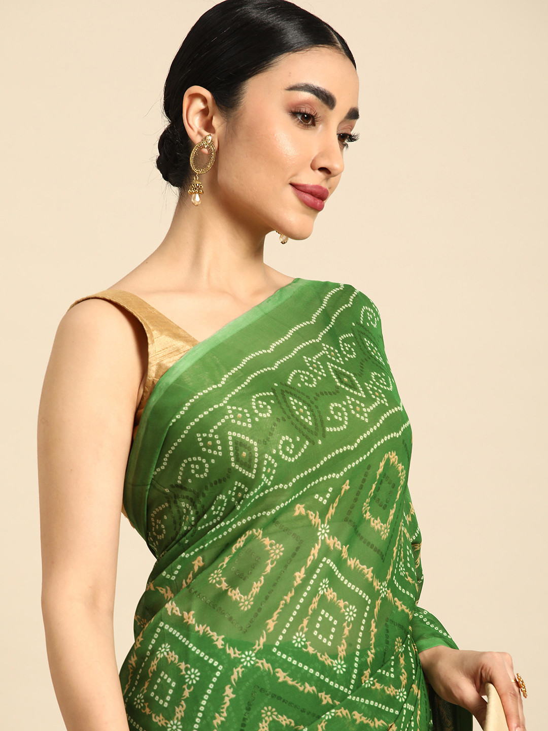 

HERE&NOW Poly Georgette Chanderi Saree, Green