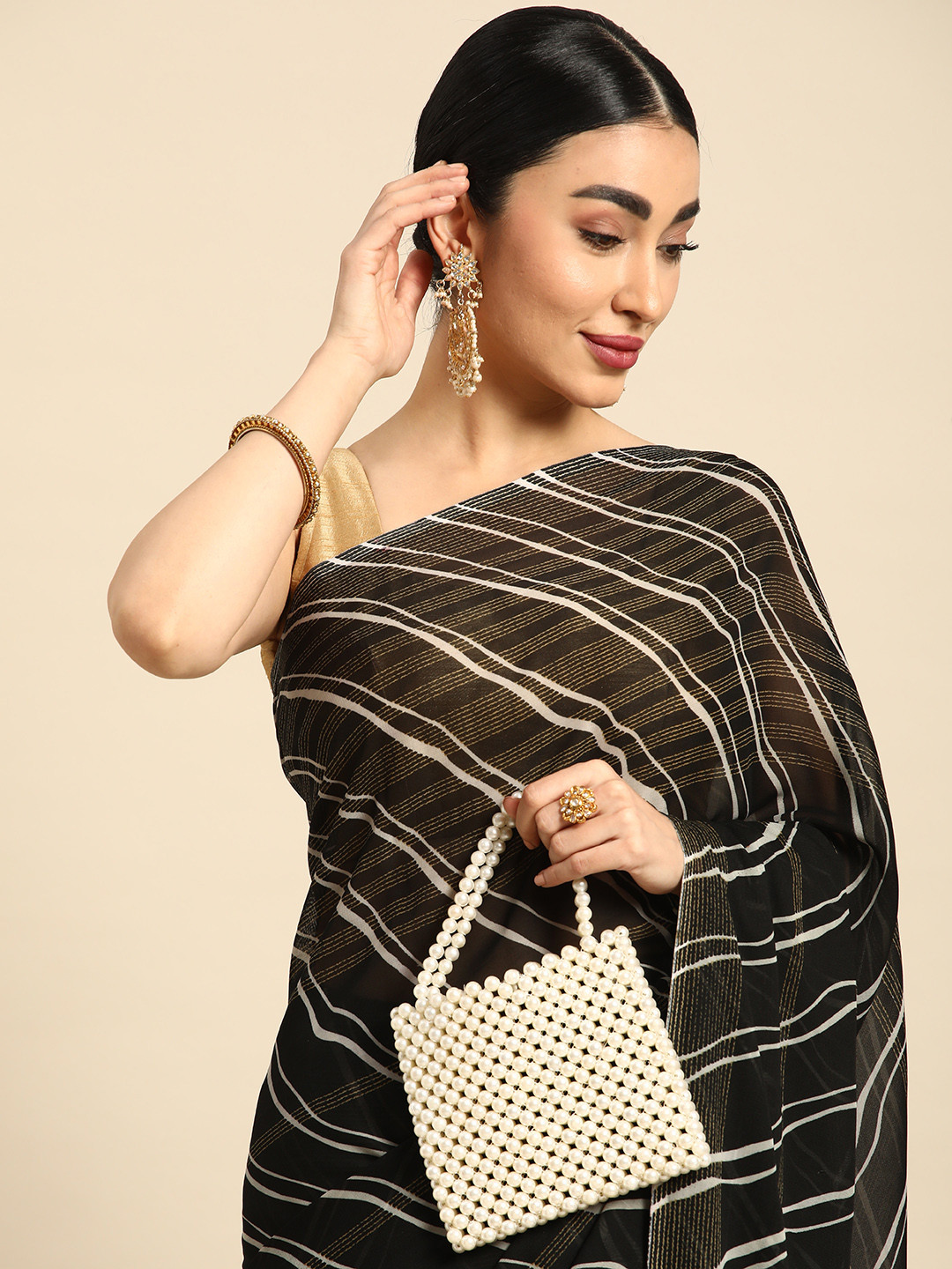 

HERE&NOW Striped Poly Georgette Chanderi Saree, Black