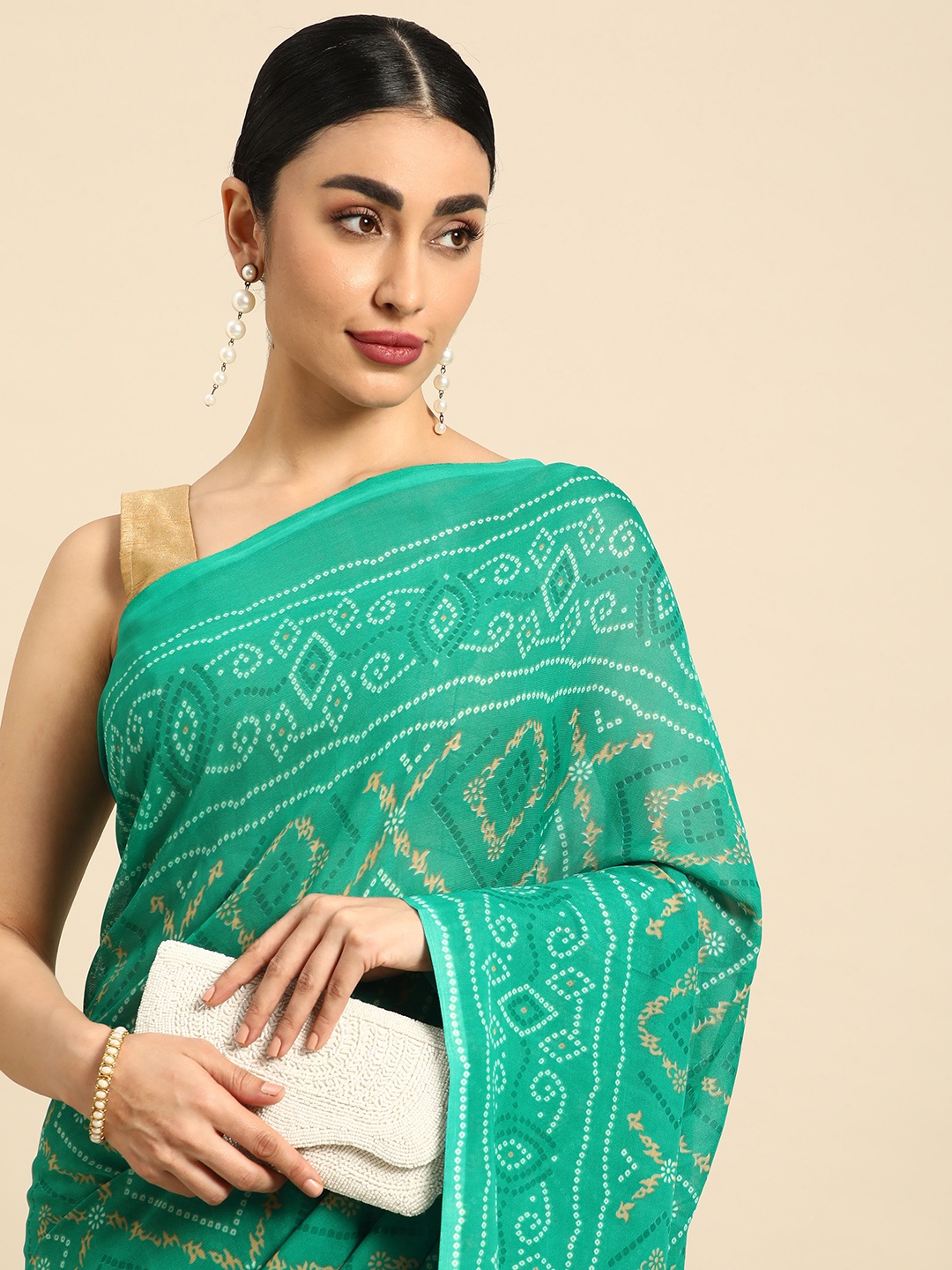 

HERE&NOW Poly Georgette Chanderi Saree, Sea green