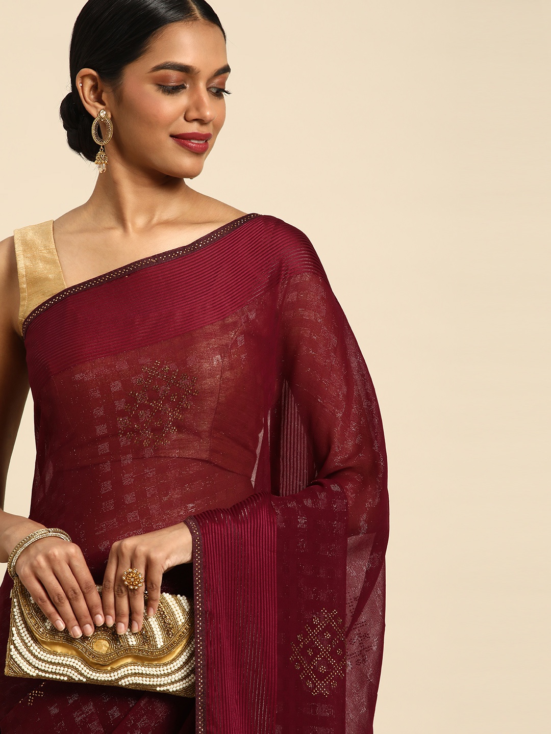 

HERE&NOW Embellished Beads and Stones Brasso Chanderi Saree, Purple