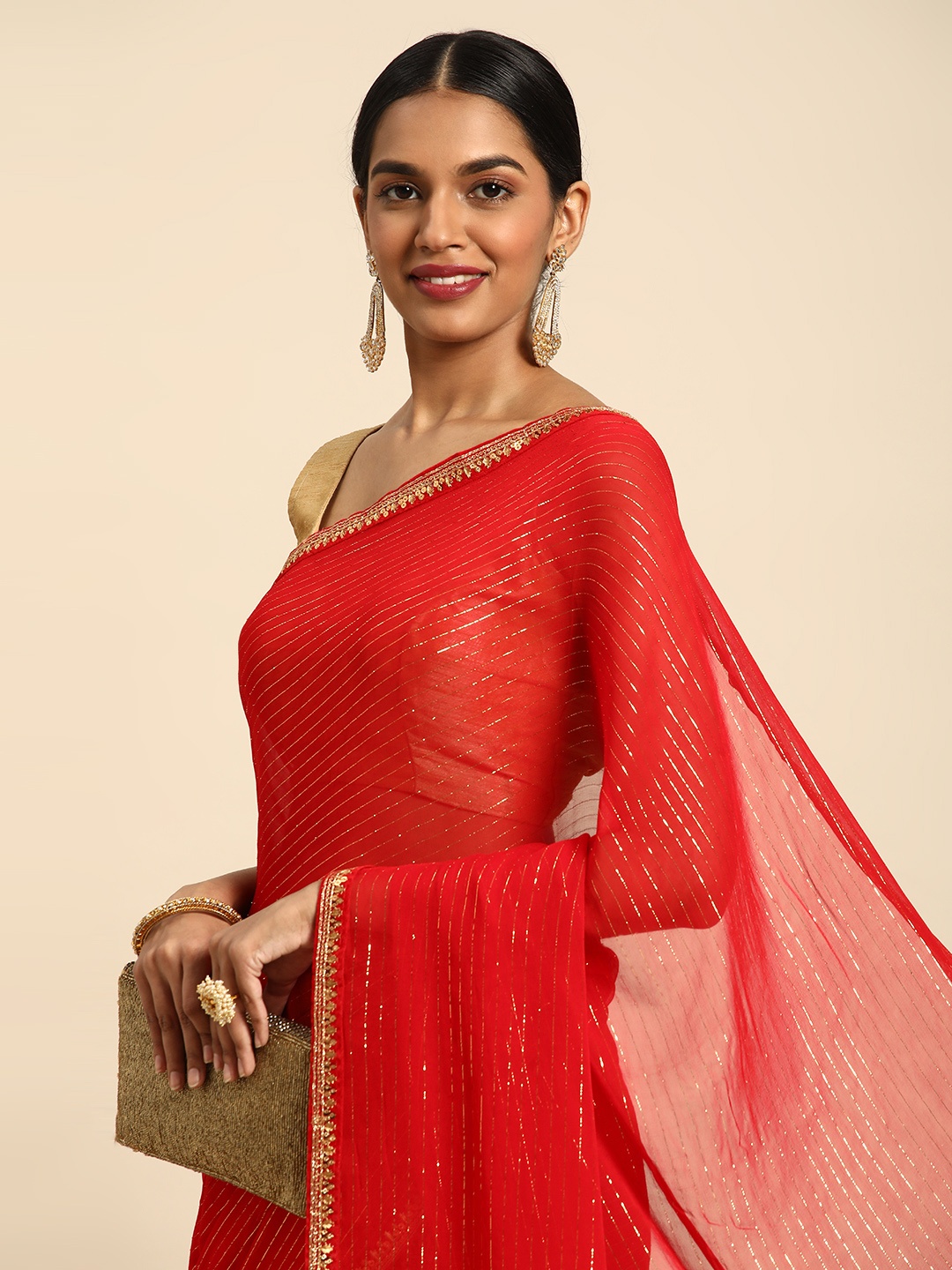 

HERE&NOW Striped Zari Chanderi Saree, Red
