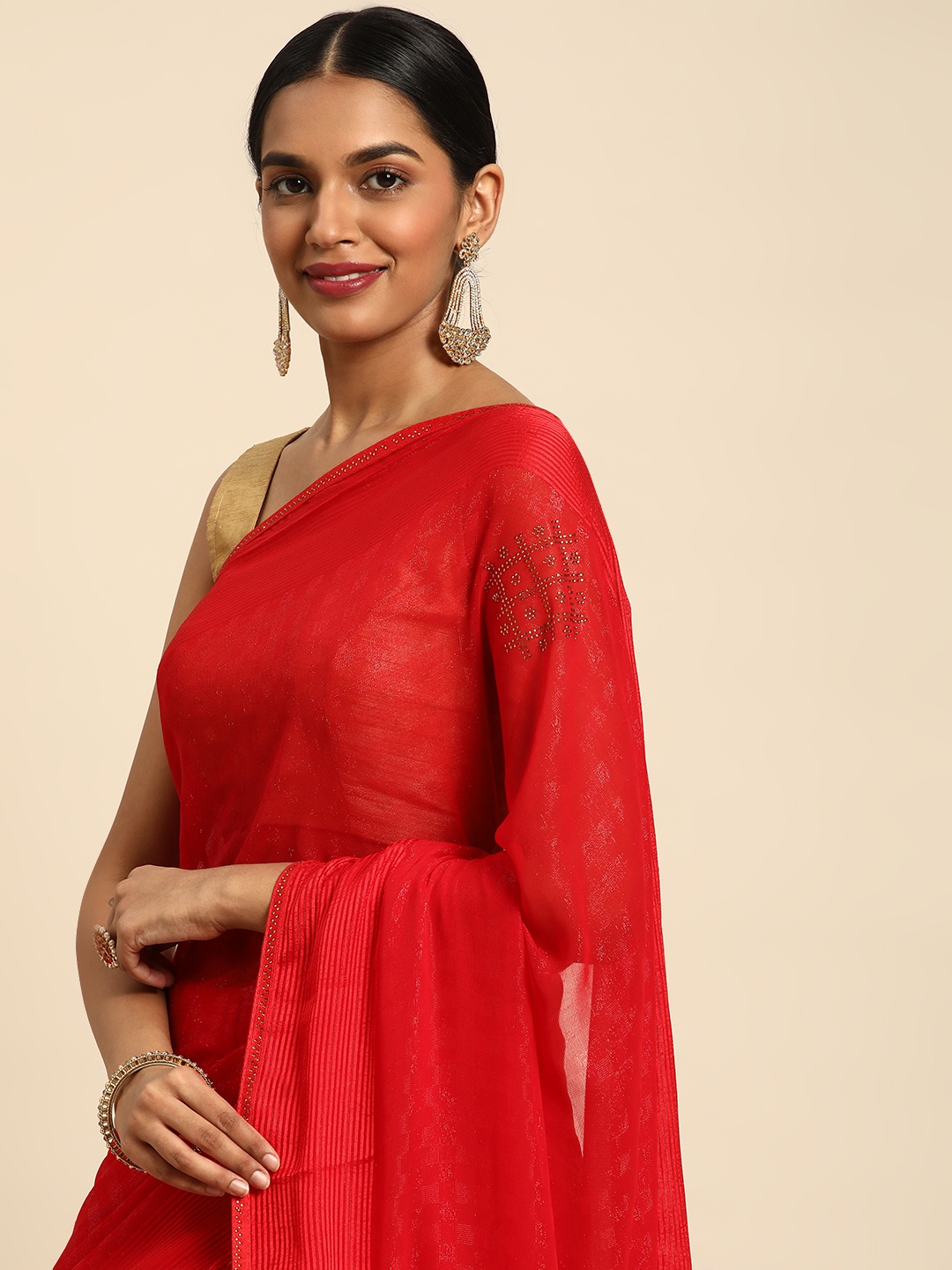 

HERE&NOW Striped Beads and Stones Brasso Chanderi Saree, Red
