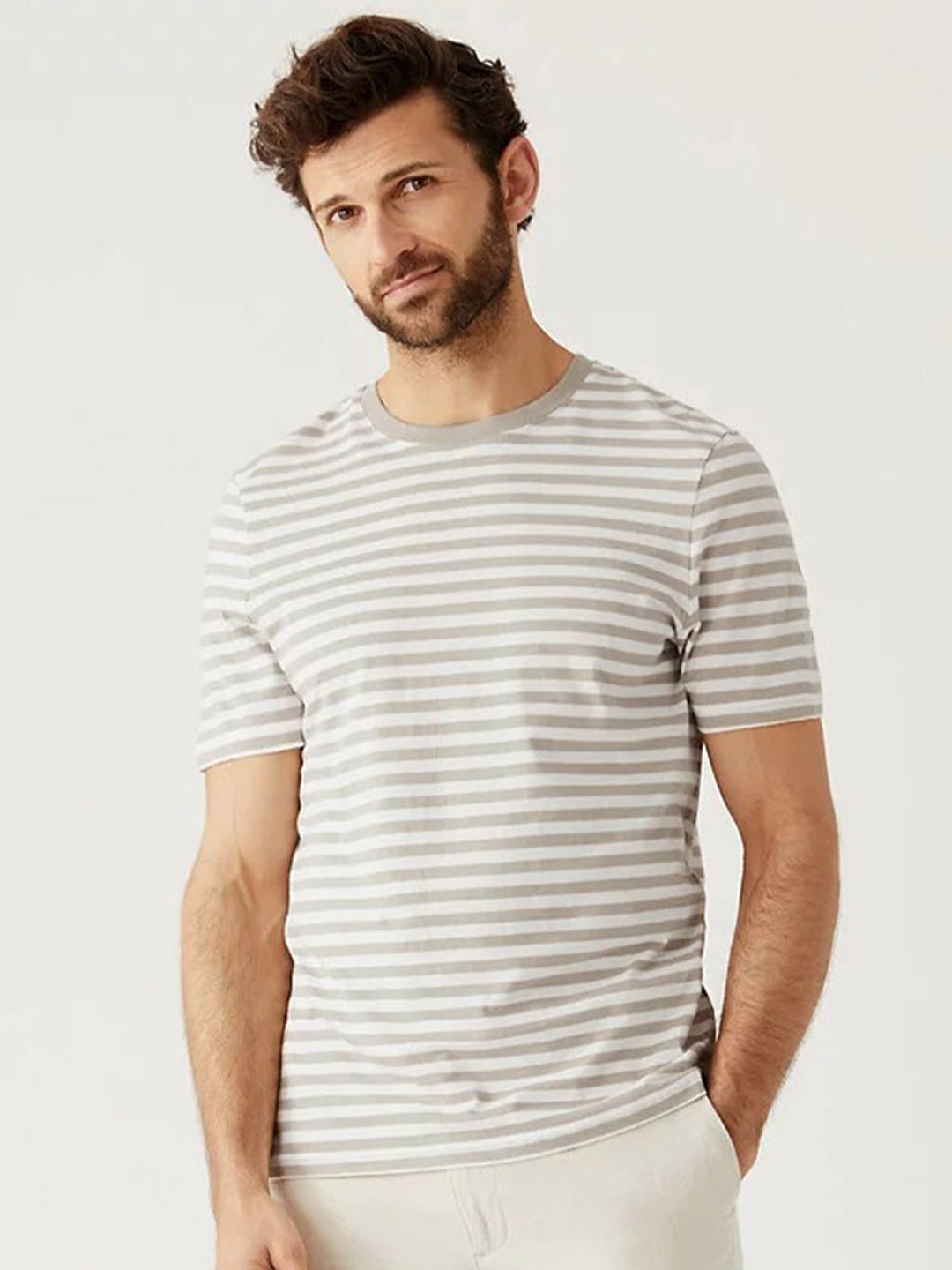 

Marks & Spencer Striped Pure Cotton T-Shirt, Beige