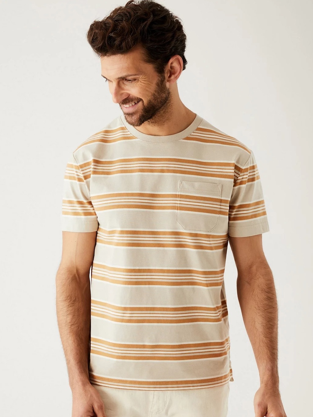 

Marks & Spencer Striped Pure Cotton T-Shirt, Beige