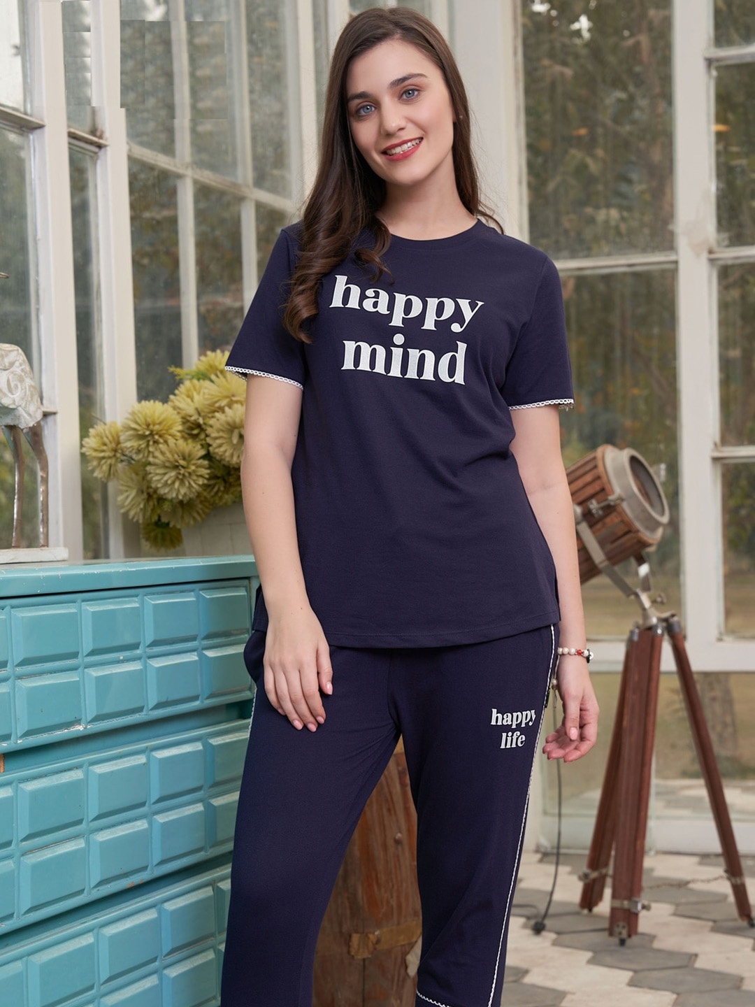 

TITTLI Typography Printed Night Suit, Navy blue