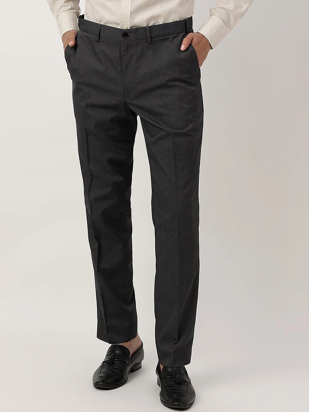 

Marks & Spencer Men Mid-Rise Cotton Formal Trousers, Charcoal