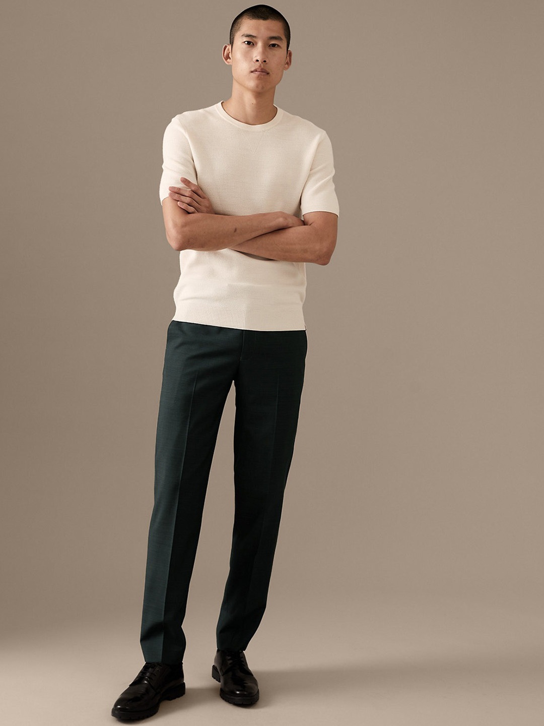 

Marks & Spencer Men Mid Rise Plain Trousers, Green