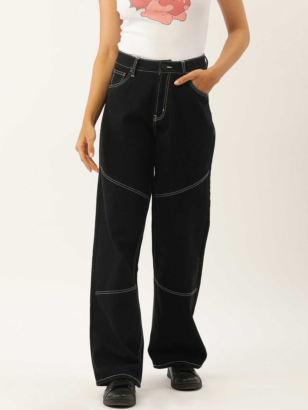 

Bene Kleed Women High-Rise Relaxed Fit Contrast Stitch Jeans, Black