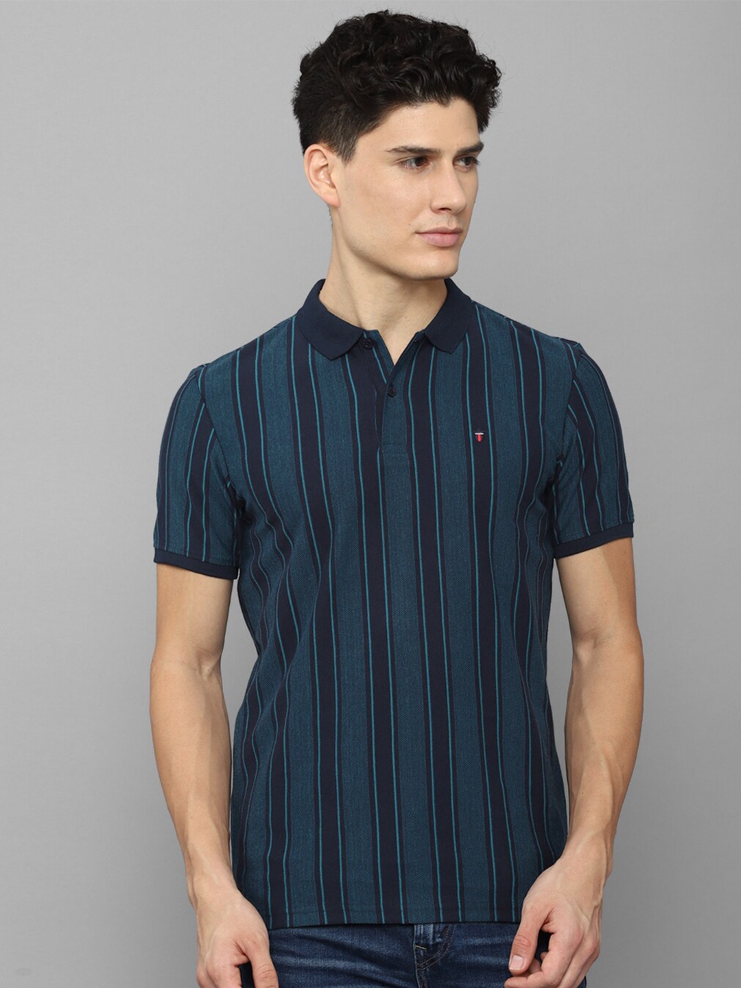 

Louis Philippe Sport Striped Polo Collar Slim Fit Pure Cotton T-Shirt, Blue