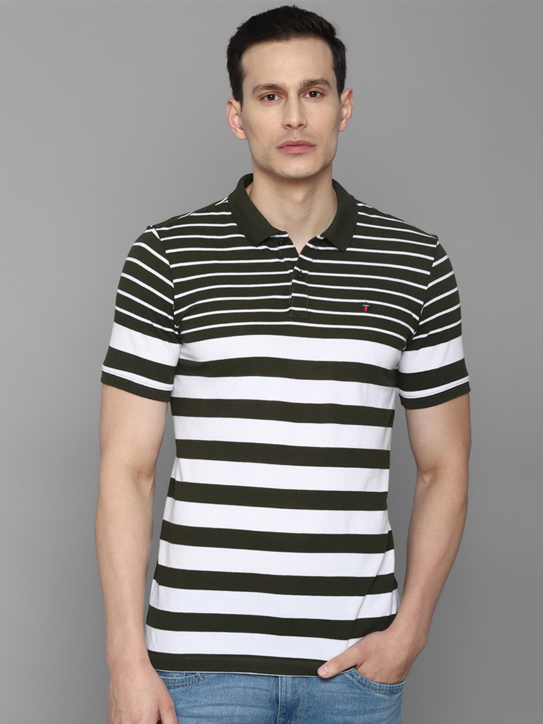 

Louis Philippe Sport Striped Polo Collar Slim Fit Pure Cotton T-Shirt, Olive