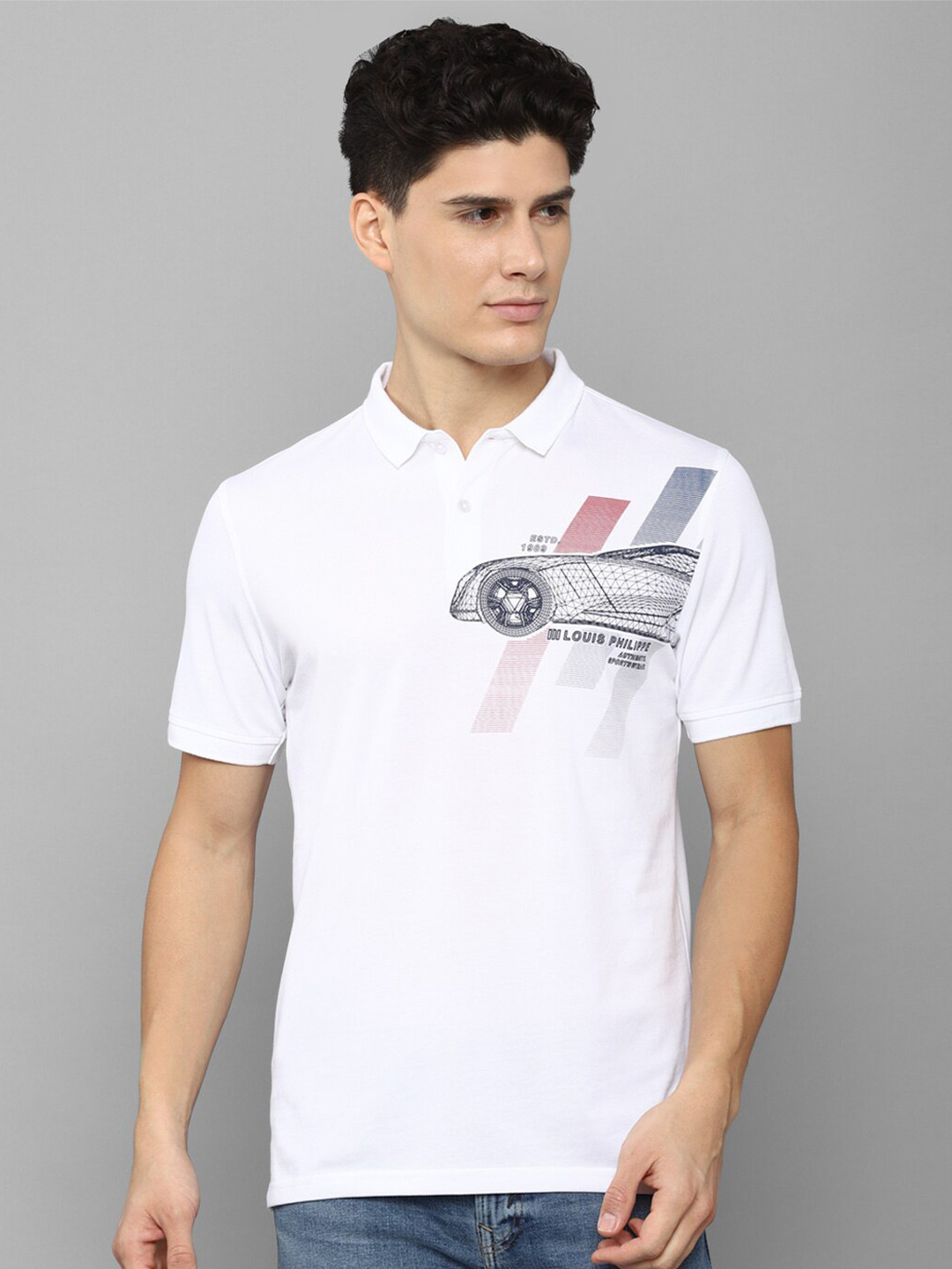 

Louis Philippe Sport Graphic Printed Polo Collar Slim Fit Pure Cotton T-Shirt, White