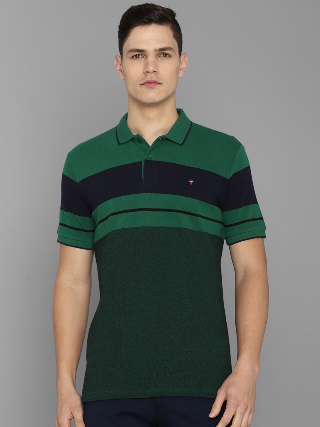 

Louis Philippe Sport Horizontal Striped Polo Collar Slim Fit Pure Cotton T-Shirt, Green