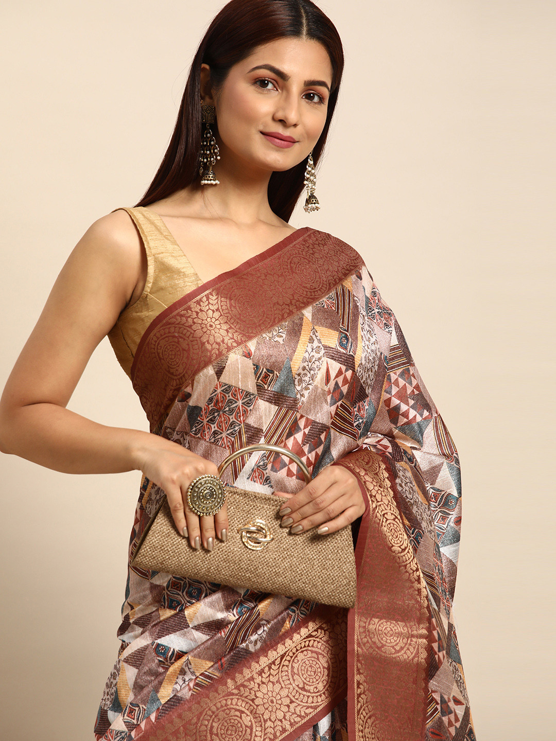 

VISHNU WEAVES Zari Silk Cotton Sambalpuri Saree, Coffee brown