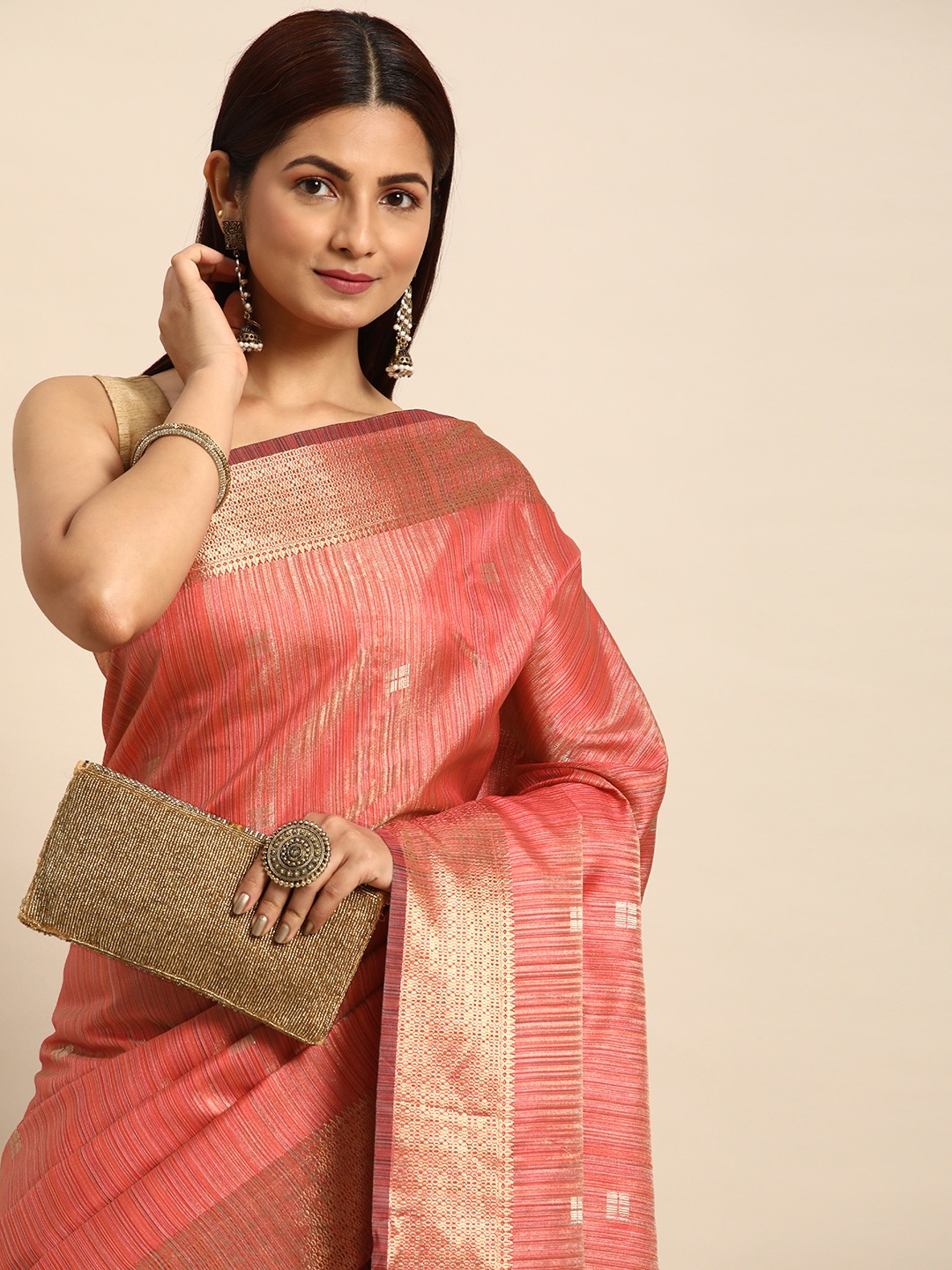 

VISHNU WEAVES Striped Zari Linen Blend Baluchari Saree, Pink