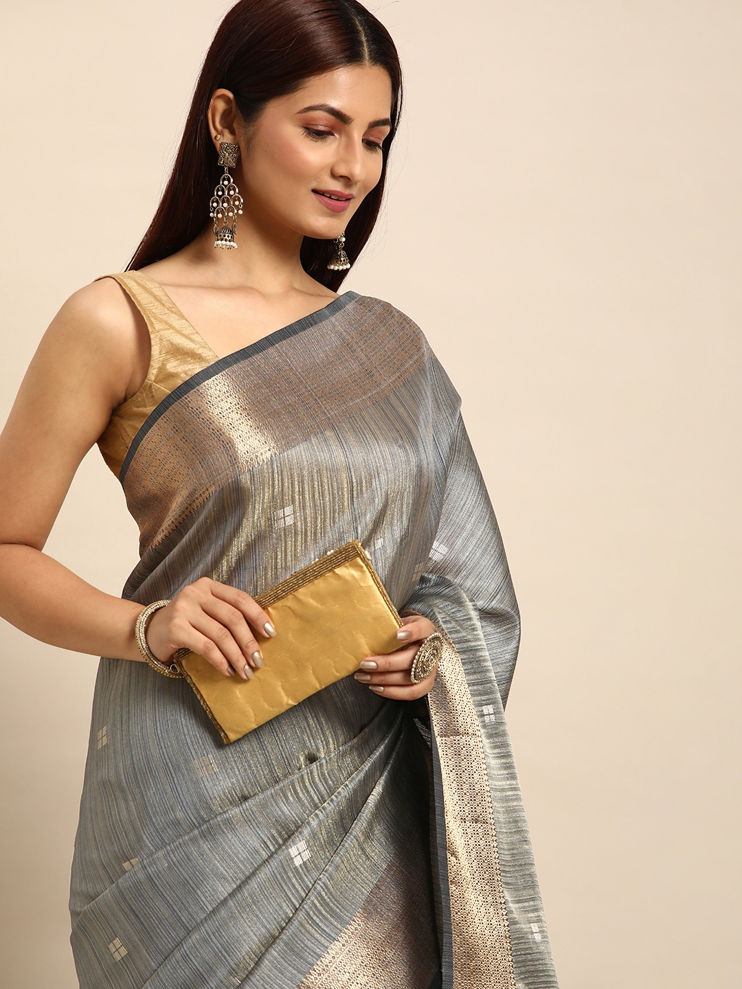 

VISHNU WEAVES Striped Zari Linen Blend Baluchari Saree, Grey