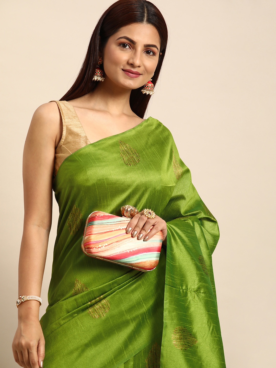 

VISHNU WEAVES Zari Silk Blend Kovai Saree, Green