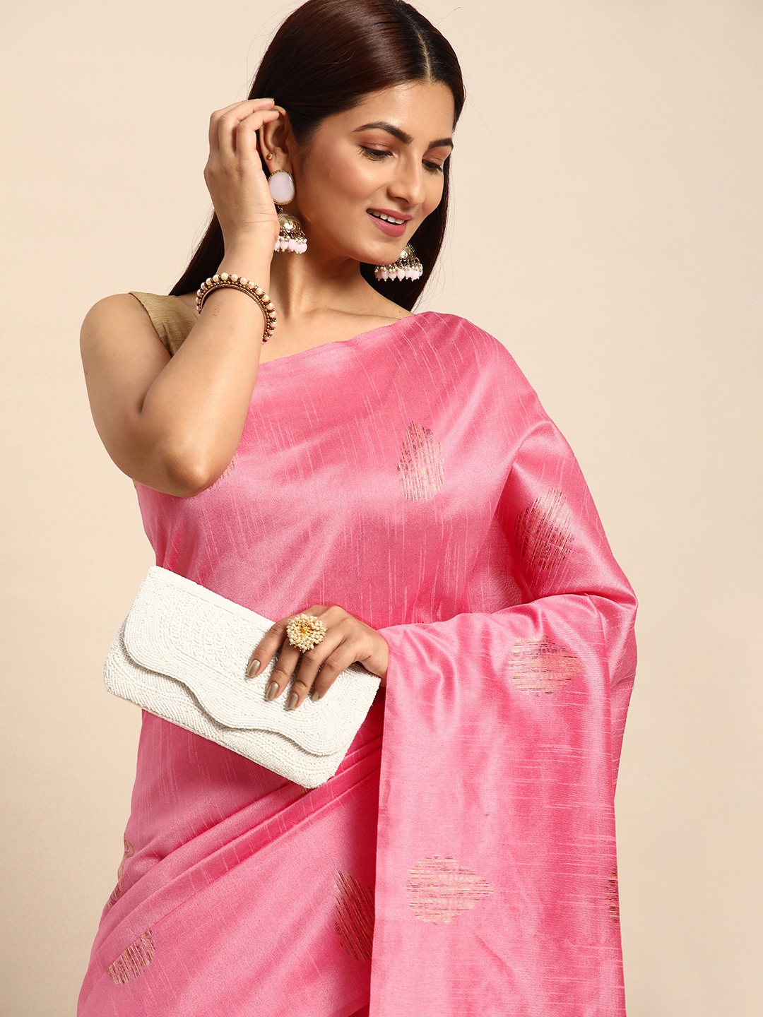 

VISHNU WEAVES Ethnic Motifs Zari Silk Blend Kovai Saree, Pink