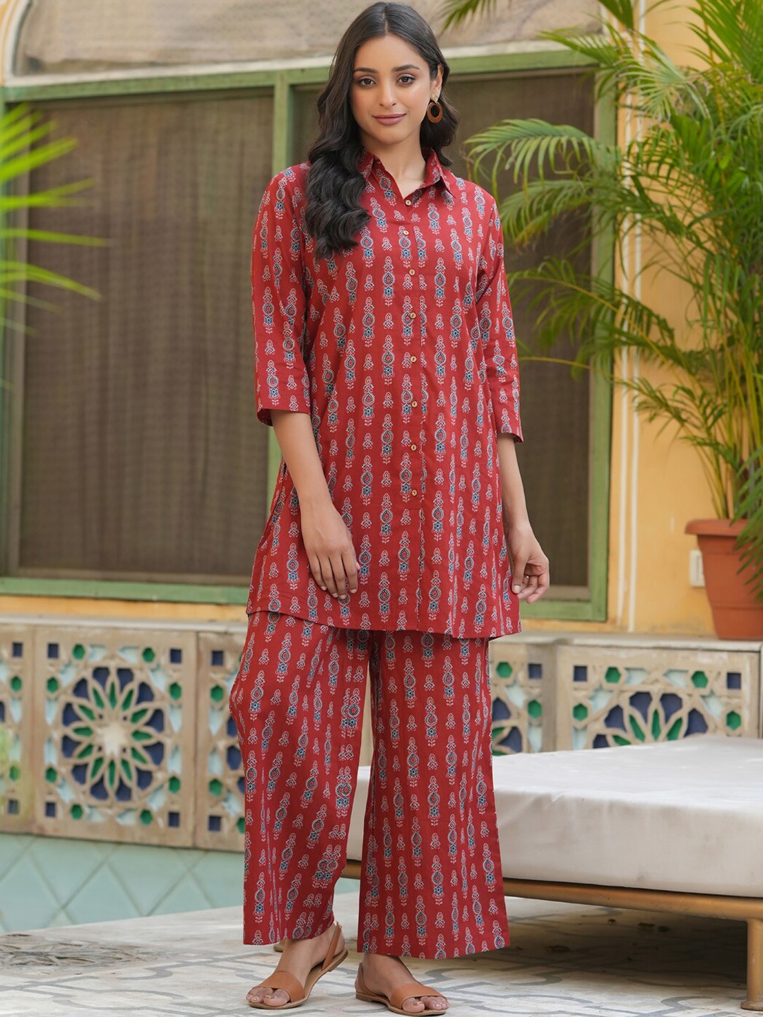 

SANSKRUTIHOMES Ethnic Motifs Printed Pure Cotton Night Suit, Red