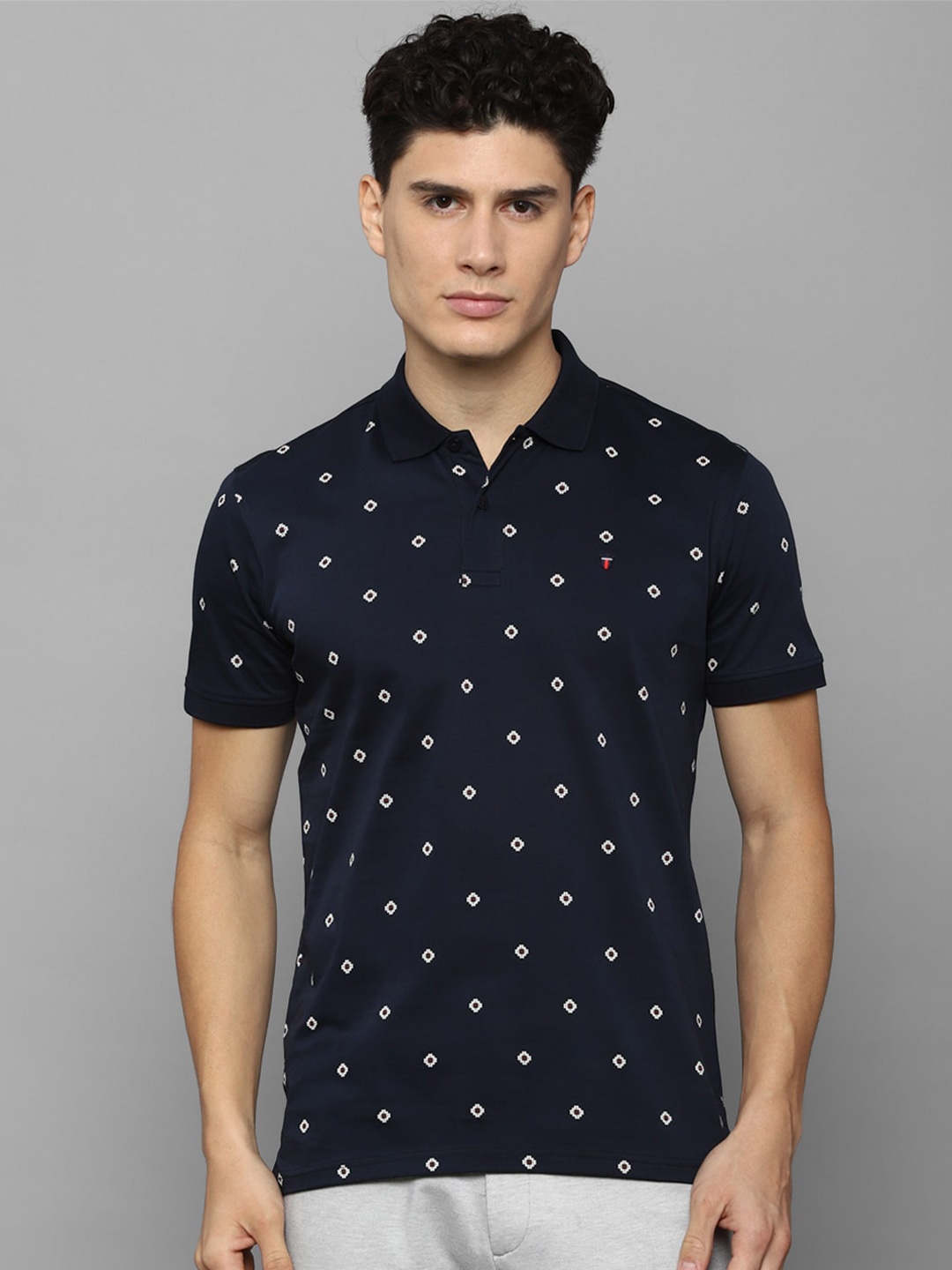 

Louis Philippe Sport Geometric Printed Polo Collar Pure Cotton Slim Fit T-shirt, Navy blue