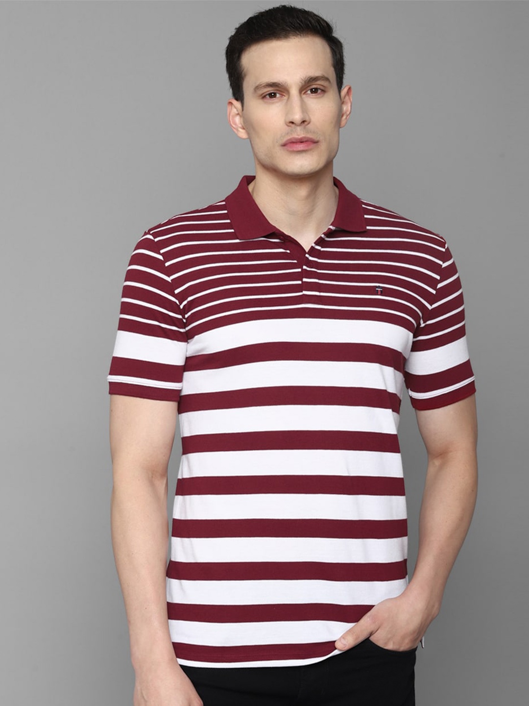 

Louis Philippe Sport Striped Polo Collar Slim Fit Cotton T-shirt, Maroon