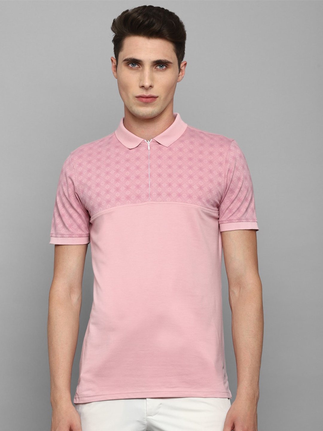 

Louis Philippe Sport Geometric Printed Polo Collar Pure Cotton Slim Fit T-shirt, Pink