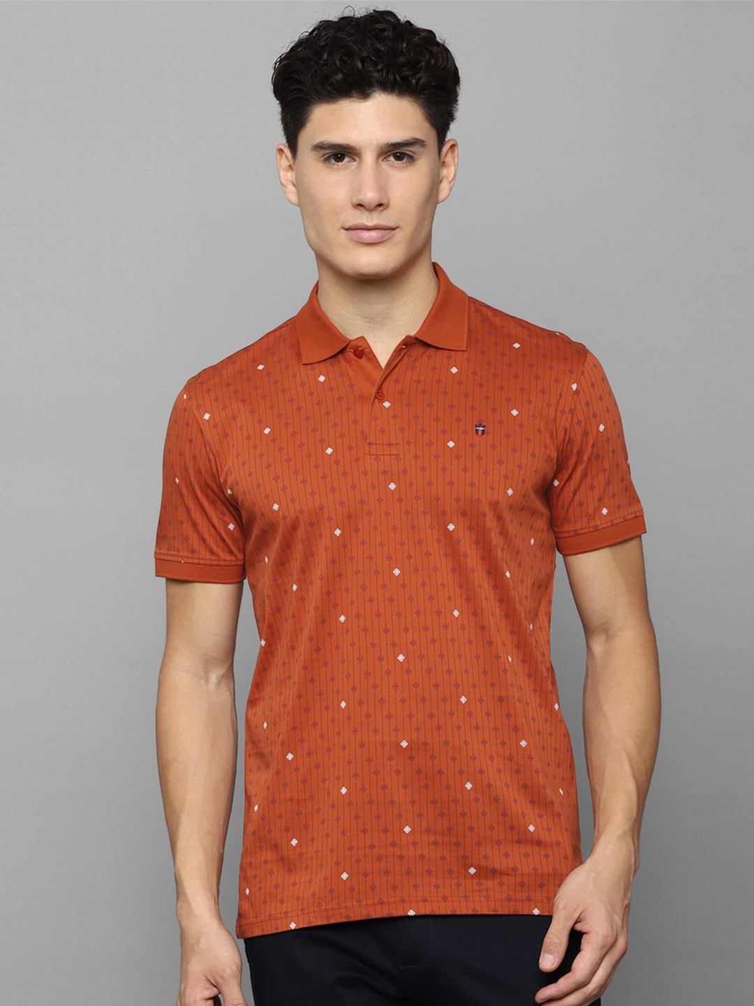 

Louis Philippe Sport Geometric Printed Polo Collar Pure Cotton Slim Fit T-shirt, Orange